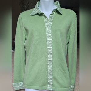VTG Jones New York Green white polka dot collar Spring knit M cardigan sweater